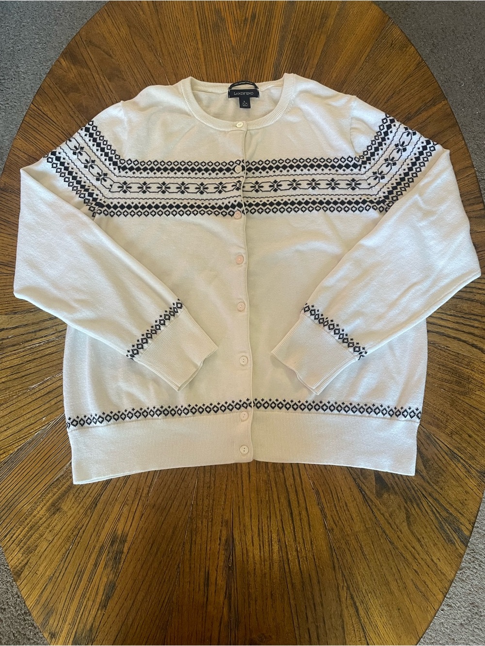 Lands' End White Cardigan with Black Fair Isle Accents